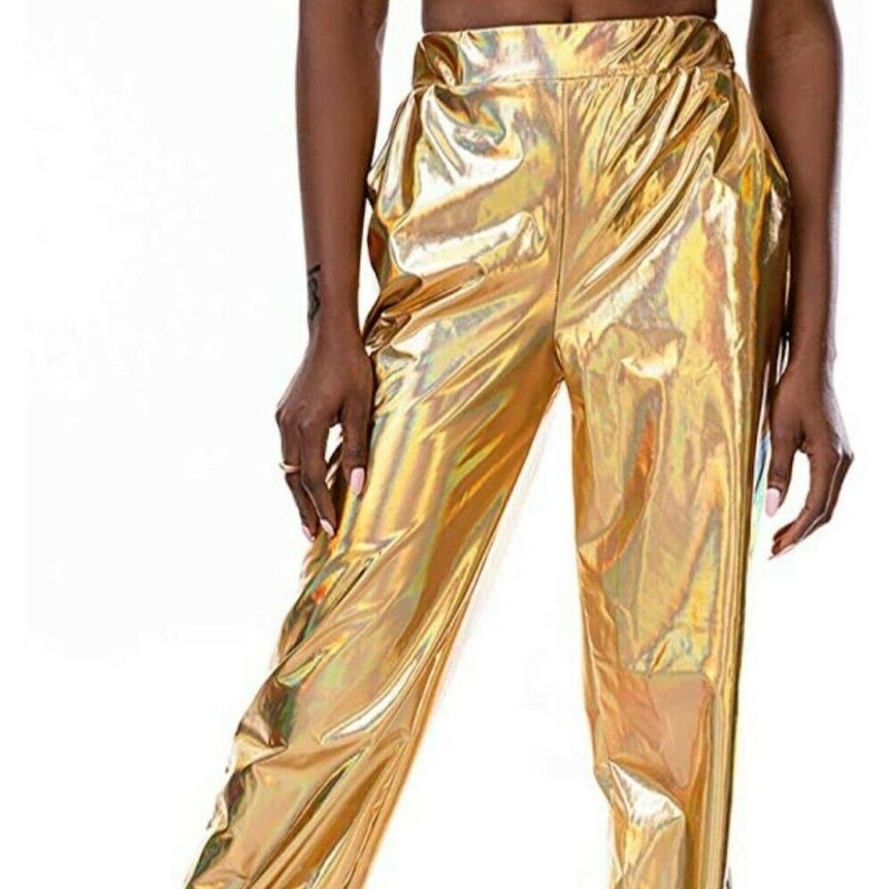Gold Holographic Jogger Pants with Pockets XXL